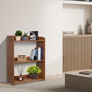 Narrow Bookcase by Natural Wood, 4 Tier Bookshelf, Small Book Shelves Freestanding Display Storage Shelves. Open Bookshelf for Bedroom, Living Room and Office (Brown, 3 Tier Simple)