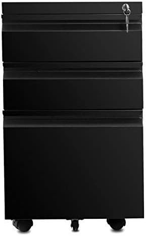 3 Drawer File Cabinet with Lock, Steel Mobile Filing Cabinet on Anti-tilt Wheels, Rolling Locking Office Cabinets Under Desk for Legal/Letter Size (Black)