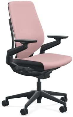 Steelcase Gesture Office Chair - Era Pink Lemonade Fabric, Low Seat Height, Shell Back, Black on Black Frame, Lumbar Support, and Hard Floor Casters