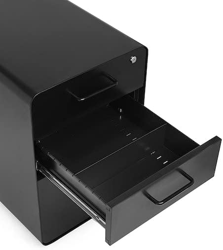 Poppin Stow 3-Drawer Rolling File Cabinet - Black. 2 Utility Drawers and 1 Hanging File Drawer. Two Locking and Two Non-Locking Wheels. Powder-Coated Steel. Two Keys Included
