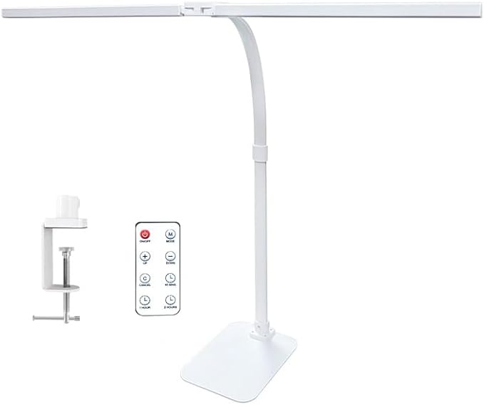 LED Desk Lamp for Office Dorm Home - Eye Caring Desk Light with Timer, Remote Control 24W Brightest Dual Screen Computer Monitor Gooseneck Dimmable Table lamp with Anti-Glare Cover Clamp & Base