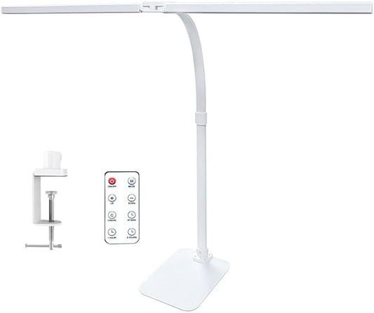 LED Desk Lamp for Office Dorm Home - Eye Caring Desk Light with Timer, Remote Control 24W Brightest Dual Screen Computer Monitor Gooseneck Dimmable Table lamp with Anti-Glare Cover Clamp & Base