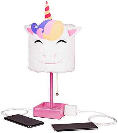 Table Lamp Cute Unicorn Plush Shade Desk Lights for Gifts with 2 USB Charging Ports and 1 Power Outlet for Bedroom Reading & Living Room
