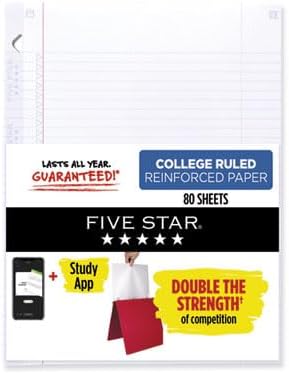 Five Star Loose Leaf Paper + Study App, College Ruled Filler Notebook Paper, Reinforced, Fights Ink Bleed, 8-1/2" x 11", 80 Sheets (170102)