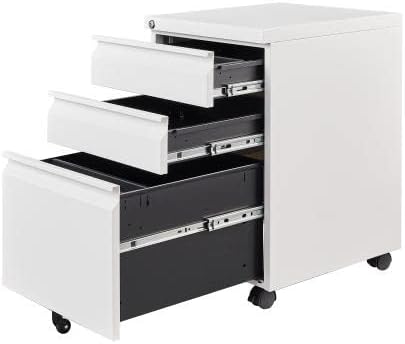 3 Drawer File Cabinet with Lock, Steel Mobile Filing Cabinet on Anti-tilt Wheels, Rolling Locking Office Cabinets Under Desk for Legal/Letter Size (White)