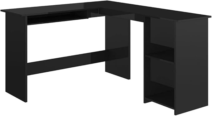 L-Shaped Corner Desk with 2 Open Shelves,Modern Writing Computer Desk, Home Office Desk Writing Study Table PC Desk Workstation, High Gloss Black 47.2"x55.1"x29.5" Engineered Wood(C)