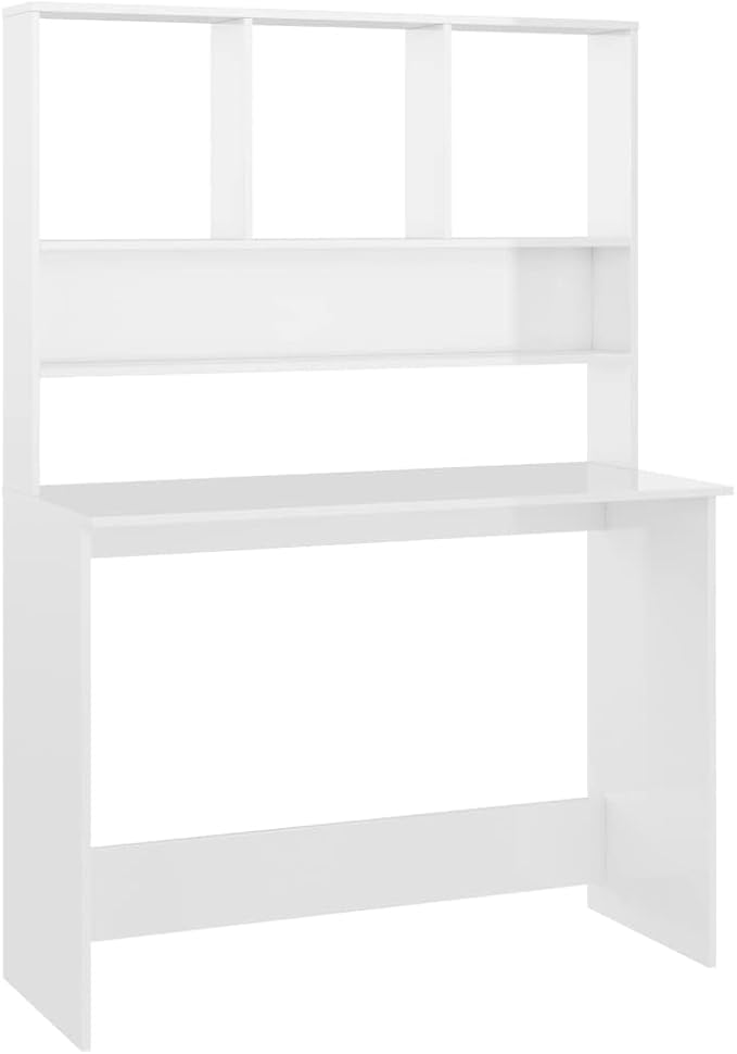 Modern Writing Computer Desk with Shelves and Upper Cabinet, Home Office Desk Writing Study Table PC Desk Workstation for Bedroom, High Gloss White 43.3"x17.7"x61.8" Engineered Wood(B)