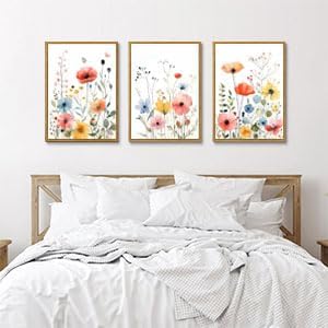 KISSFOX Colorful Wildflower Canvas Wall Art Set Of 3 Flowers Pictures Prints Flowers Printing Floral Watercolors Flower wall Decor Living Room Girls Bedroom Bathroom (White, 12"x16" Natural Framed, Framed)