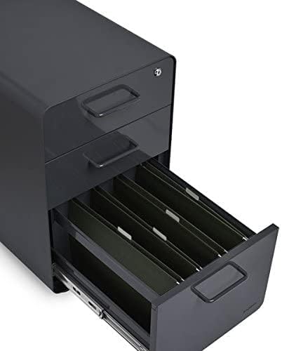 Poppin Stow 3-Drawer Rolling File Cabinet - Charcoal. Utility and Hanging File Drawers. Locking and Non-Locking Wheels. Powder-Coated Steel. Two Keys Included