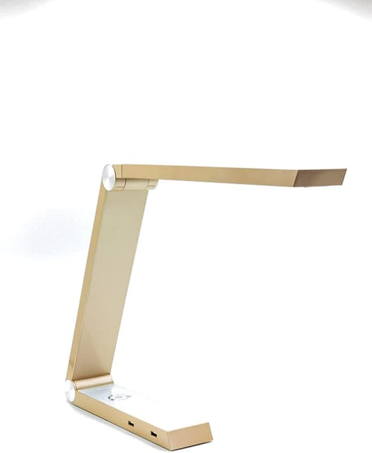 Multifunctional LED Desk Lamp w/Dimmable Touch Controls, 15 Adjustable Light Settings, Wireless Charger, Dual USB Port with Modern Minimalist Design for Dorms Bedroom and Living Room (Gold)