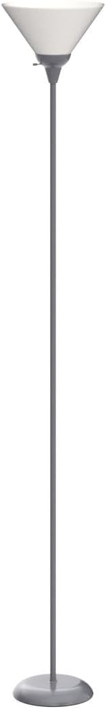 LIGHTACCENTS Mary Torchiere Floor Lamp – Silver Standing Lamp with White Shade and Rotary Switch, Modern Pole Light for Living Room, Bedroom, Office, or Dorm – Slim Minimalist Design