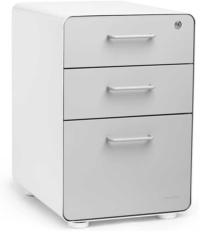 Poppin Stow 3-Drawer File Cabinet - White + Light Gray, 2 Utility Drawers and 1 Hanging File Drawer, Fully Painted Inside and Out, Powder-Coated Steel, Two Keys Included, Stationary