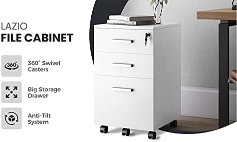 Modern Design Lazio White File Cabinet, Filing Cabinets for Home Office, Drawers for Under Desk, Locking 3 Drawer Rolling Wood File Cabinet with Lock, by Crafts and Comfort