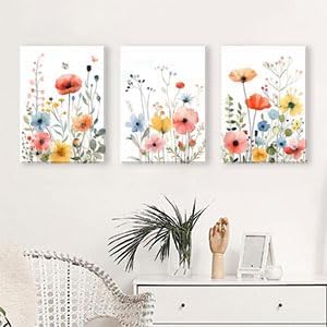 KISSFOX Framed Colorful Wildflower Canvas Wall Art Set Of 3 Flowers Pictures Prints Flowers Printing Floral Watercolors Flower wall Decor Living Room Girls Bedroom Bathroom