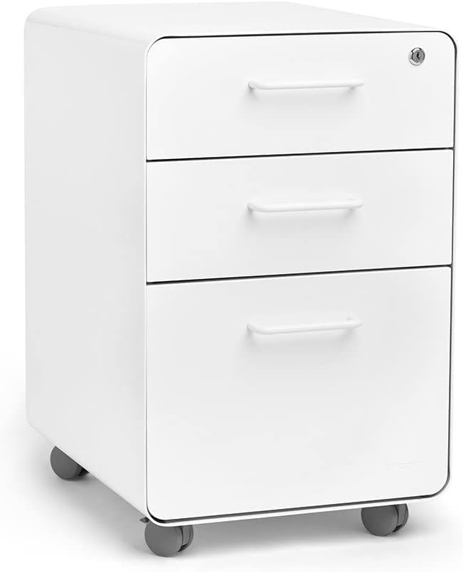Poppin Stow 3-Drawer Rolling File Cabinet - White. 2 Utility Drawers and 1 Hanging File Drawer. Two Locking and Two Non-Locking Wheels. Powder-Coated Steel. Two Keys Included