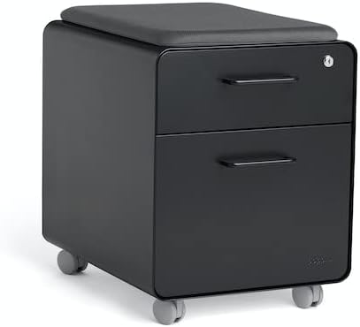 Poppin Mobile Mini Sittable Stow Rolling File Cabinet - Black with Black Seat Cushion. Two Locking Drawers and One Key Lock. Two Keys Included. One Utility Drawer and One Hanging File Drawer