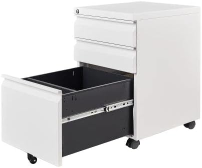 3 Drawer File Cabinet with Lock, Steel Mobile Filing Cabinet on Anti-tilt Wheels, Rolling Locking Office Cabinets Under Desk for Legal/Letter Size (White)