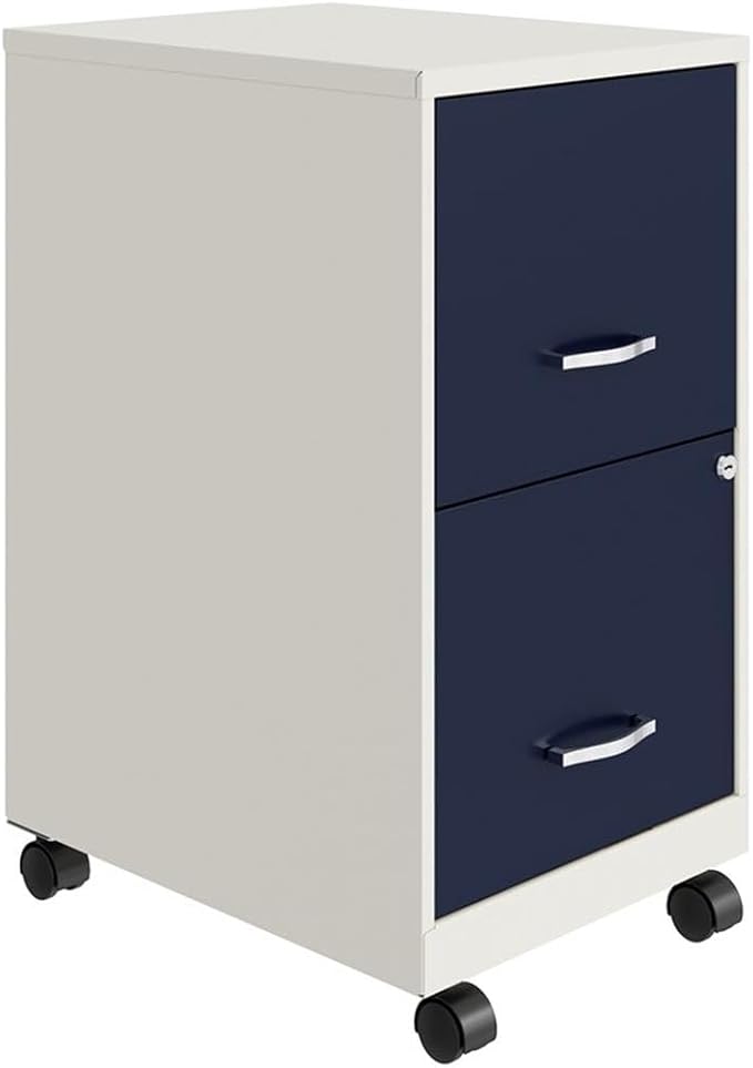 UrbanPro 18" 2-Drawer Mobile Vertical Filing Cabinet, Metal Construction, White/Navy Finish, Letter-Size Storage, Built-in Lock, Easy Roll Casters, Compact Design for Home or Office Use