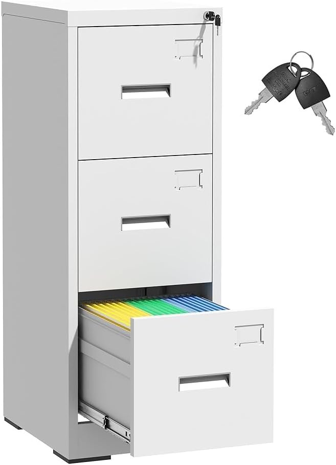 3 Drawer Filing Cabinet with Lock and Card Slot, Vertical Locking File Cabinet for Home Office, Small Metal File Cabinets for Storage Legal Letter File Folders, Assembly Required(White)