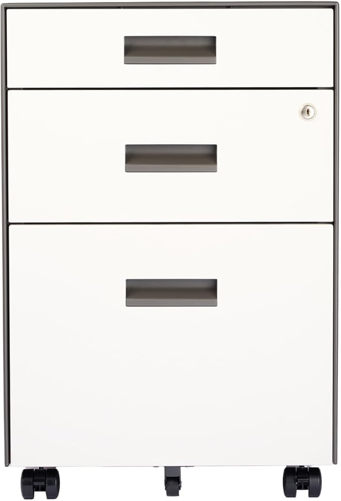3 Drawer File Cabinet with Lock - Under Desk Metal Filing Cabinet, Legal/Letter File Folders, Wheels, Fully Assembled, White/Gray