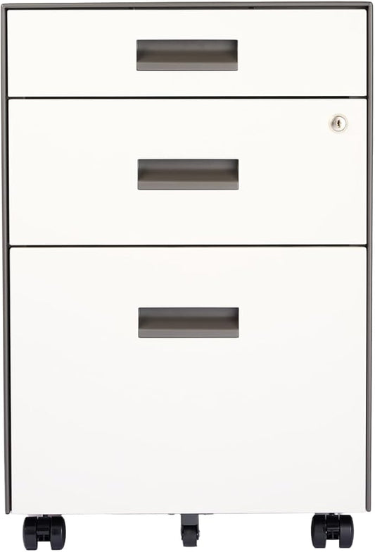 3 Drawer File Cabinet with Lock - Under Desk Metal Filing Cabinet, Legal/Letter File Folders, Wheels, Fully Assembled, White/Gray