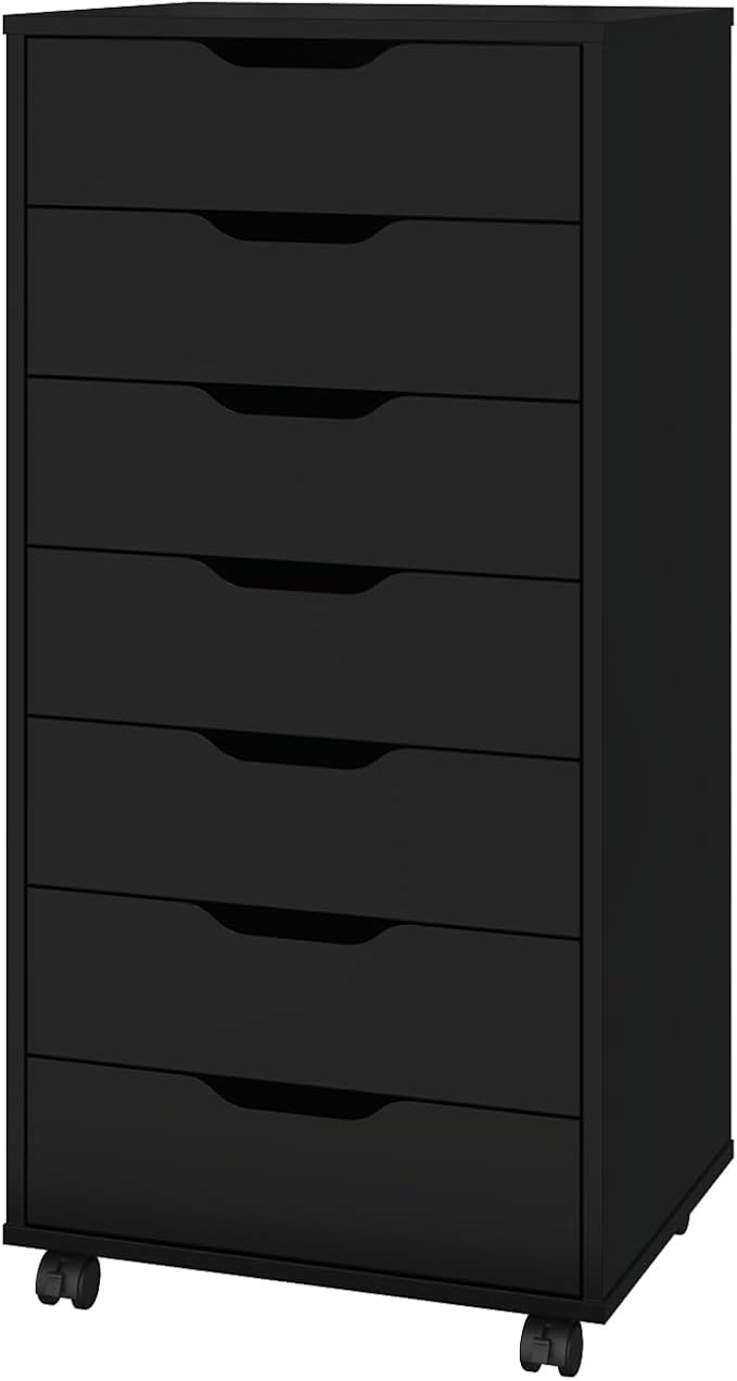 Panana 7 Drawer Mobile File Cabinet, Wooden Under Desk Storage with Wheels Office Organization Vertical Filing Chest of Drawers for Home Office (Black)