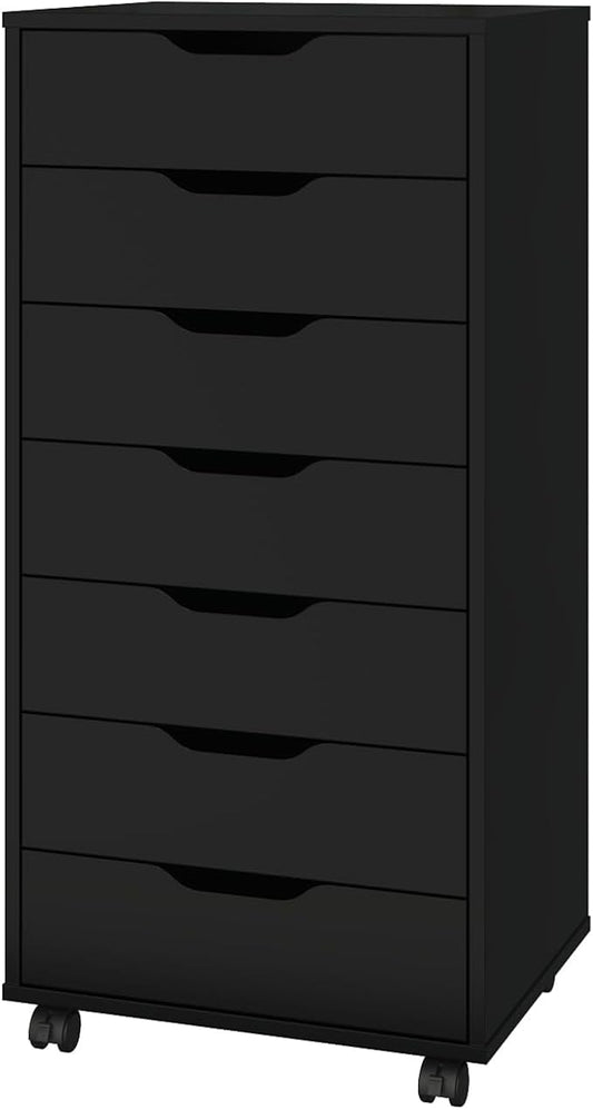 Panana 7 Drawer Mobile File Cabinet, Wooden Under Desk Storage with Wheels Office Organization Vertical Filing Chest of Drawers for Home Office (Black)