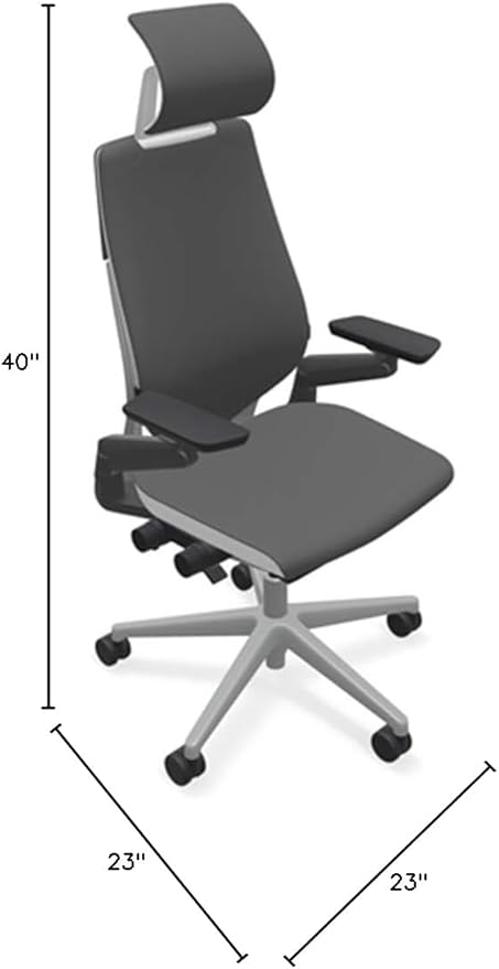 Steelcase Gesture Office Desk Chair with Headrest in Elmosoft Genuine Gunmetal L113 Leather Plus Lumbar Support Low Platinum Metallic Frame with Seagull Seat/Back Merle Arms (Light/Light)