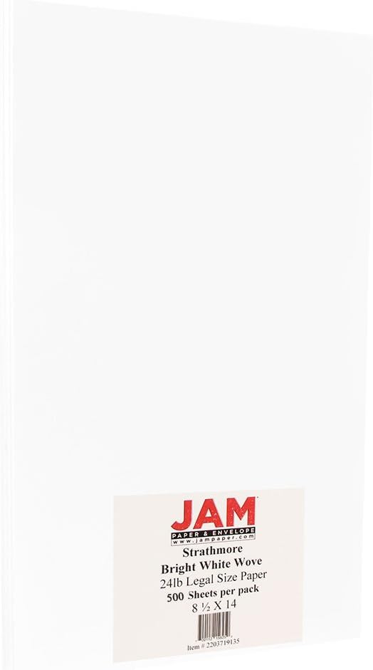 JAM PAPER Legal Strathmore 32lb Paper - 90 GSM - 8.5 x 14 - Bright White Wove - 500 Sheets/Ream