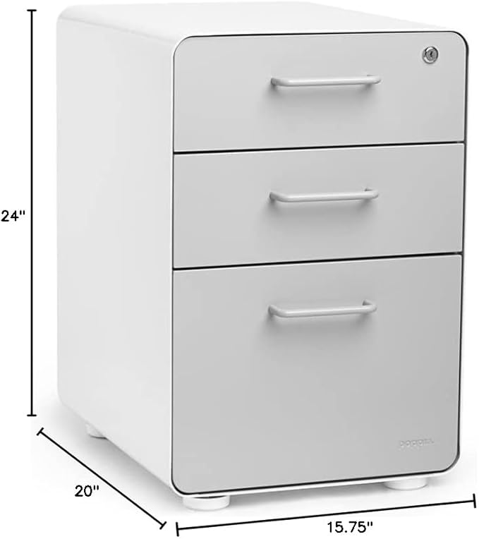 Poppin Stow 3-Drawer File Cabinet - White + Light Gray, 2 Utility Drawers and 1 Hanging File Drawer, Fully Painted Inside and Out, Powder-Coated Steel, Two Keys Included, Stationary