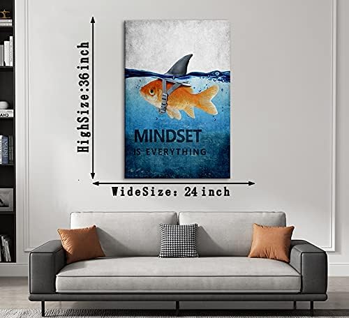 Inspiration Office Canvas Wall Art Posters Goldfish Pictures Big Shark Canvas Painting Mindset is Everything Print Poster Home Decor for Guest Room Bar, Framed 24" W x 36" H