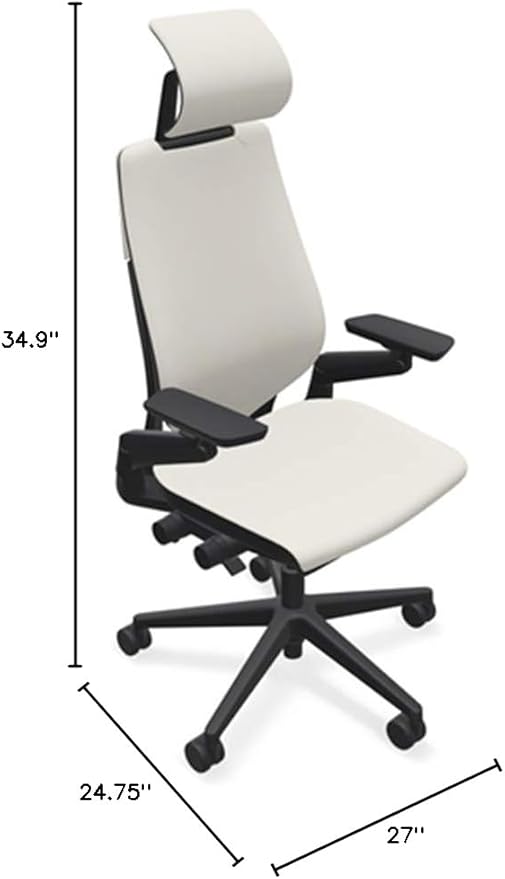 Steelcase Gesture Office Desk Chair with Headrest in Elmosoft Genuine White L151 Leather Plus Lumbar Support Low Black Frame