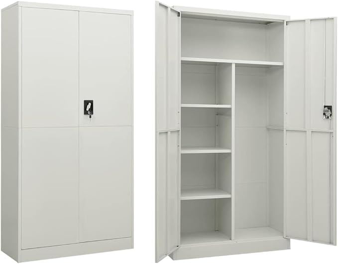 vidaXL Locker Cabinet, Lockable File Cabinet with 2 Doors and 4 Shelves, Locking Cabinets for Office Home Gym School, Industrial, Light Gray Steel