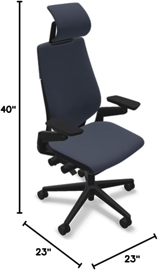 Steelcase Gesture Office Desk Chair with Headrest in Elmosoft Genuine Midnight Blue L111 Leather Plus Lumbar Support High Black Frame