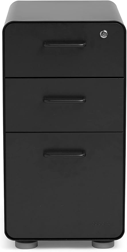 Poppin Slim Stow 3-Drawer File Cabinet - Black. 2 Utility Drawers and 1 Vertical Hanging File Drawer. Fully Painted Inside and Out. Powder-Coated Steel. Two Keys Included
