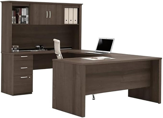 Atlin Designs 66" W x 95.5" D Modern Contemporary U-Shaped Wood Computer Desk with Hutch, for Home Office, Fully Reversible Unit, in Mahogany Finish