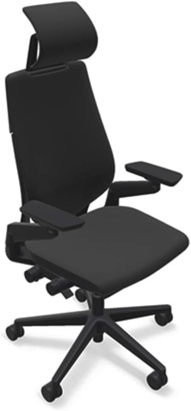 Steelcase Gesture Office Desk Chair with Headrest in Elmosoft Genuine Ebony L112 Leather Plus Lumbar Support High Black Frame