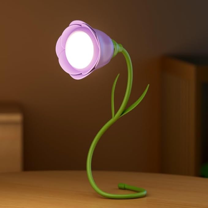 Rechargeable Flower Desk Lamp Infinite Dimming Trichromatic Temperature Adjustable Brightness Memory LED Light for Bedroom Study Office (Purple,Rose)
