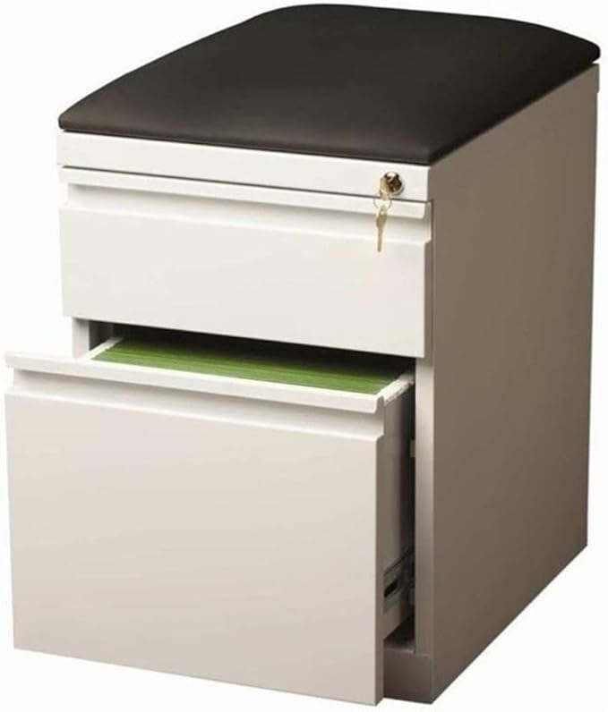 Pemberly Row 2-Drawer Metal Mobile Filing Cabinet, 23.75" H x 15.00" W x 19.88" D, Steel Construction, White/Black Finish, Hidden Casters, Cushion Seat, Letter-Size Hanging File Storage for Office Use