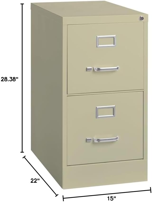 Scranton & Co 2-Drawer Vertical Metal Filing Cabinet, 22" Deep, Letter Width, Beige Finish, Lockable Commercial Office File Storage, Smooth Ball-Bearing Slides, Fully Assembled