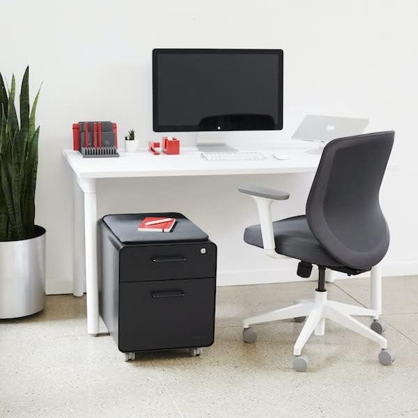 Poppin Mobile Mini Sittable Stow Rolling File Cabinet - Black with Black Seat Cushion. Two Locking Drawers and One Key Lock. Two Keys Included. One Utility Drawer and One Hanging File Drawer