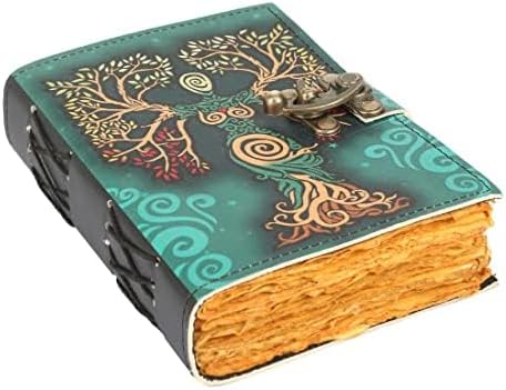 TUZECH Book of Spells Leather Bound Journal Deckle Edge Paper Grimoire Printed Diary Third Eye witchcraft supply and Witch Spell Notebook Antique Vintage Book for Men and Women (Green Lady)