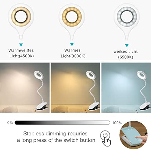Clip On Reading Light for Bed Headboard, USB Rechargeable Clip Lamp for Dorm Room Essentials, Touch Dim, 3 Colors, Eye Protect Desk Lamp for College Dorm Room, White