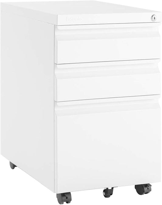 Bonnlo White 3-Drawer File Cabinet with Lock, Rolling Under Desk Filing Cabinet for Home Office, Mobile Office Drawers with Pencil Tray, Assembly Required, 23.6" H