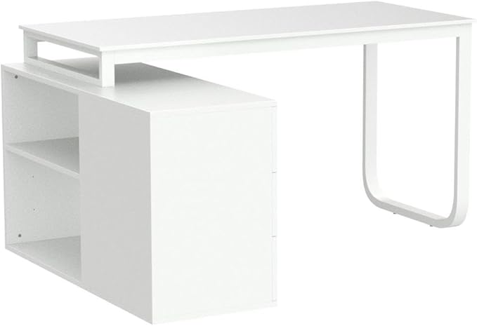 Homsee Home Office Computer Desk Corner Desk with 3 Drawers and 2 Shelves, 55 Inch Large L-Shaped Study Writing Table with Storage Cabinet - White
