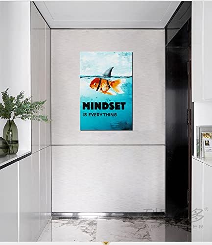 Mindset is Everything Inspirational Goldfish Shark Picture Canvas Wall Art Inspiring Entrepreneur Painting Poster Print Artwork Office Decoration Living Room Bedroom Ready to Hang[24''W x 36''H]