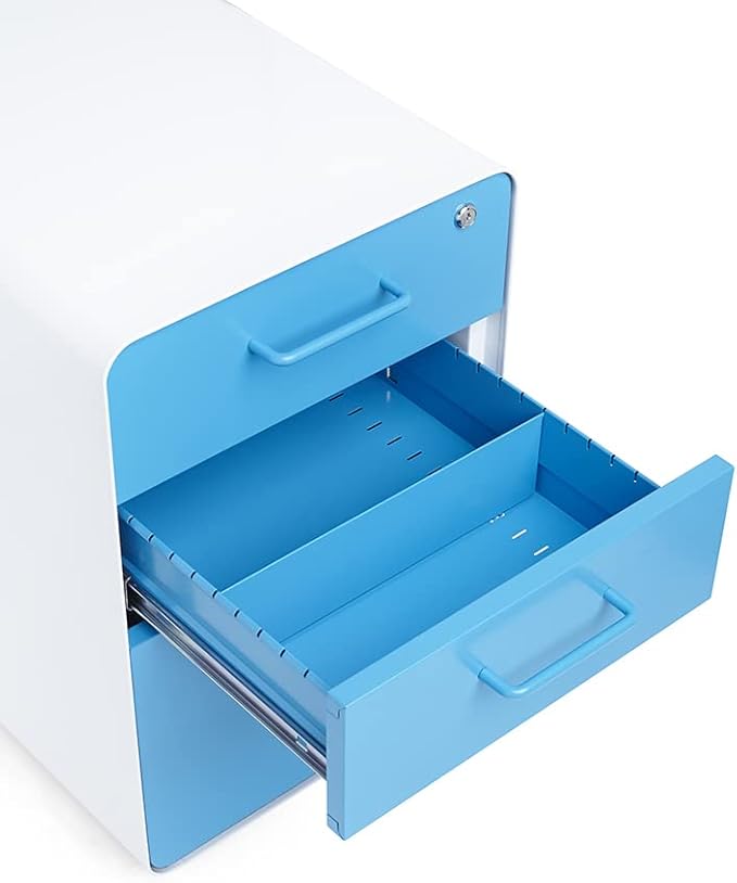 Poppin Stow 3-Drawer Rolling File Cabinet - White + Pool Blue. Utility and Hanging File Drawers. Locking and Non-Locking Wheels. Powder-Coated Steel. Two Keys Included