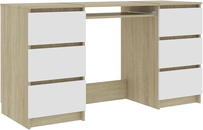 Modern Writing Computer Desk with 6 Drawers, Home Office Desk Writing Study Table PC Desk Workstation for Bedroom, White and Sonoma Oak 55.1"x19.7"x30.3" Engineered Wood(D)