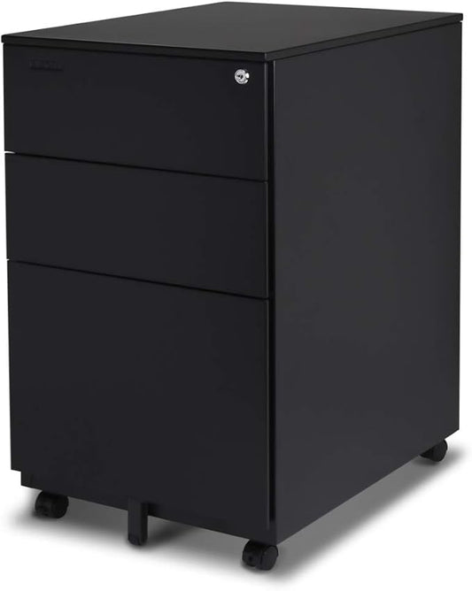 Aurora FC-103BK Modern SOHO Design 3-Drawer Metal Mobile File Cabinet with Lock Key Sliding Drawer, Fully Assembled, Black