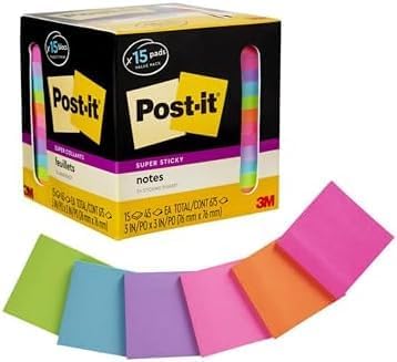 Post-it Super Sticky Notes, Assorted Bright Colors, 3x3 in, 15 Count, 45 Sheets/Pad, 2X The Sticking Power, Recyclable, Multi-Color (Pack of 6)